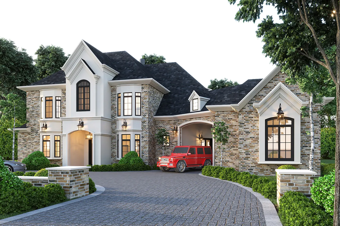 Photorealistic 3D exterior rendering of a luxury custom home, produced by ArchWorkPro