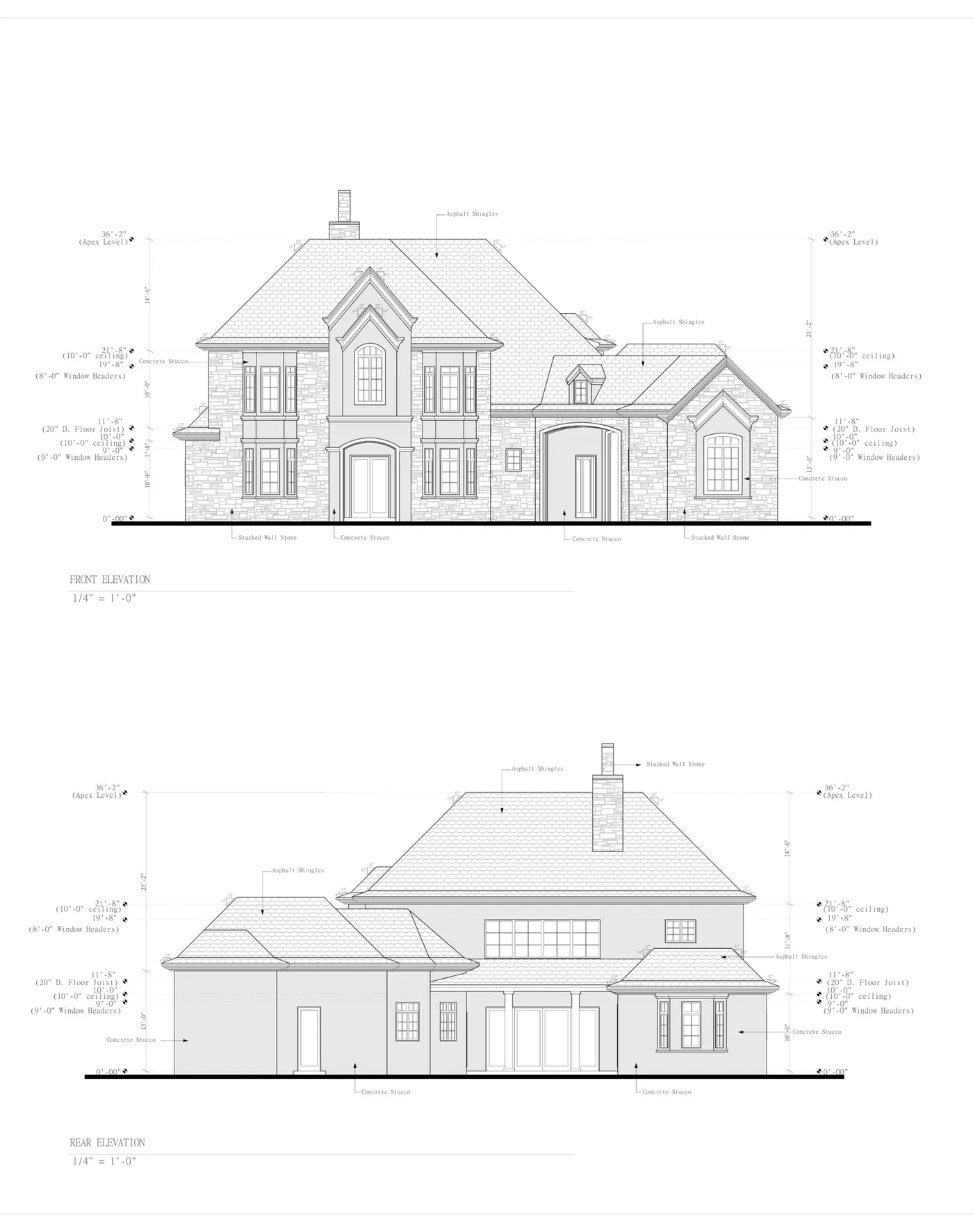 Dimensioned front and rear elevation sheets from an ArchWorkPro permit-ready CAD set