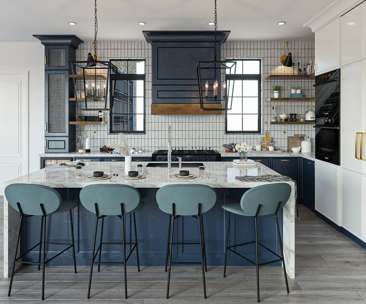 Photorealistic 3D interior rendering of a navy and marble kitchen by ArchWorkPro